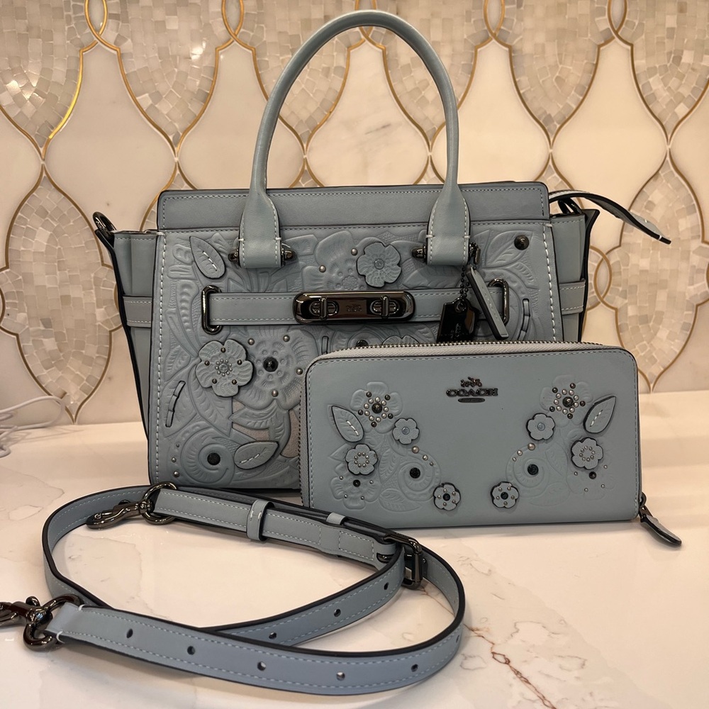 Light Blue Coach Swagger and Wallet with Tea Rose Tooling.